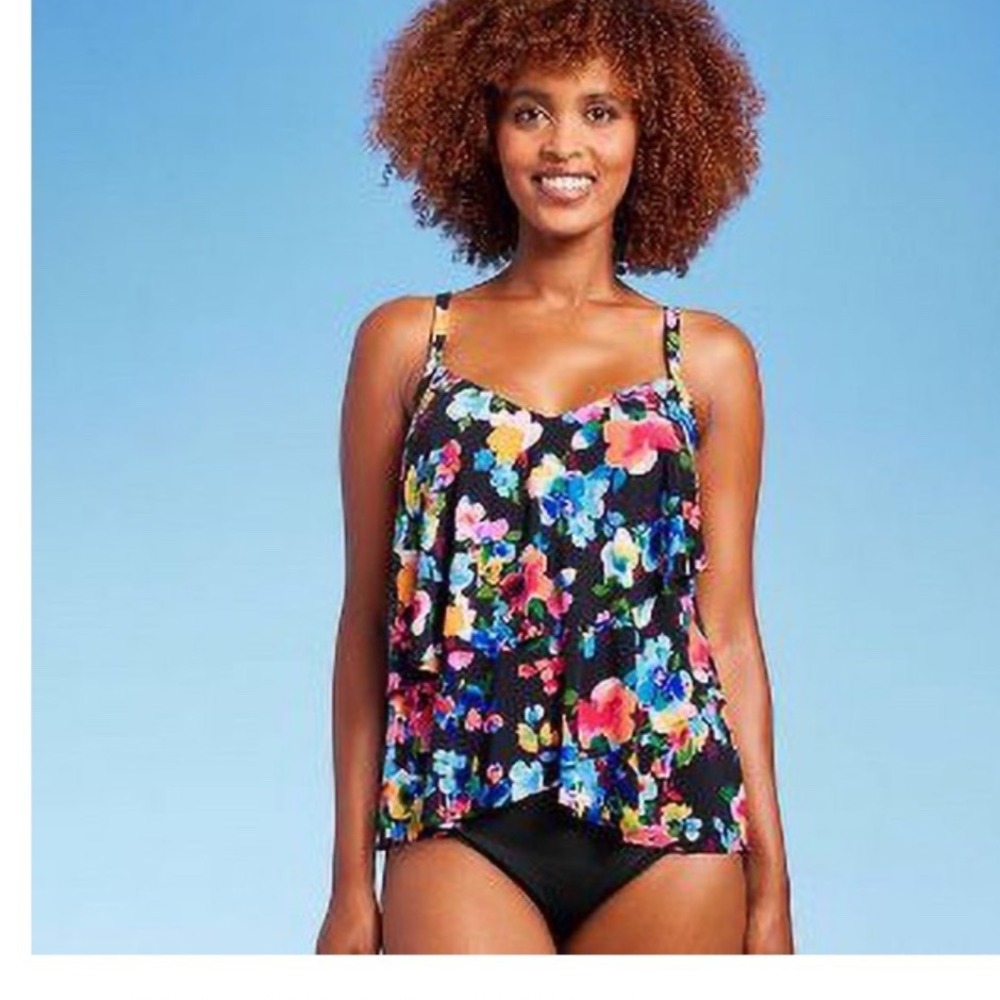 Aqua Green Floral Tiered Ruffle Tankini‎ Asymmetrical Top Black Multi Small NWOT